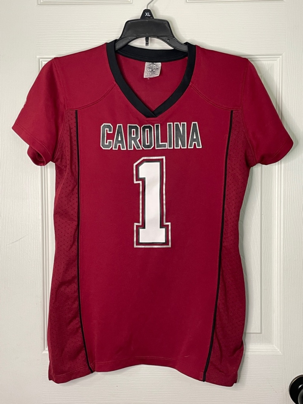 Rivalry Threads Women's Carolina #1 Red V-Neck Jersey w/ Black Trim. Size S 4-6